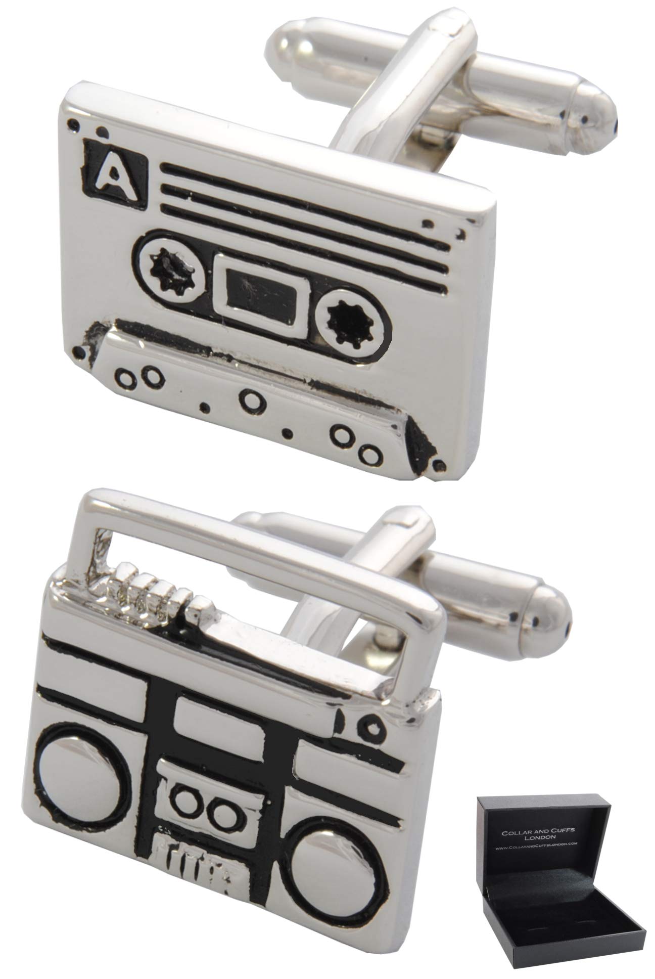 Cufflinks for Men + Presentation Box - Silver Colour - Retro Cassette Tape and Player - Solid Brass Metal - Music Deck Radio DJ Recorder - Silver and Black Colours - One Pair