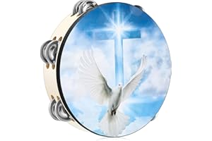Fiada Dove Tambourines for Adults Church Christian Dance Tambourine Cross Double Row Jingle Bible Hand Bell Clap Drum for Church Pray Party Percussion Musical Instrument(8 Inch)