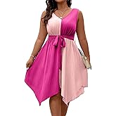 SOLY HUX Women's Plus Size Color Block Dress V Neck Sleeveless A Line Asymmetrical Hem Belted Dresses