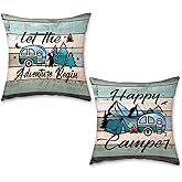 ReHeBaZi Happy Camper Pillow Covers Set of 2, Vintage Decorative Camping Pillow Cover Camper Decorations for Inside Gifts for Outdoor Travel Pillowcases for RV Couch Living Room (Insert Excluded)