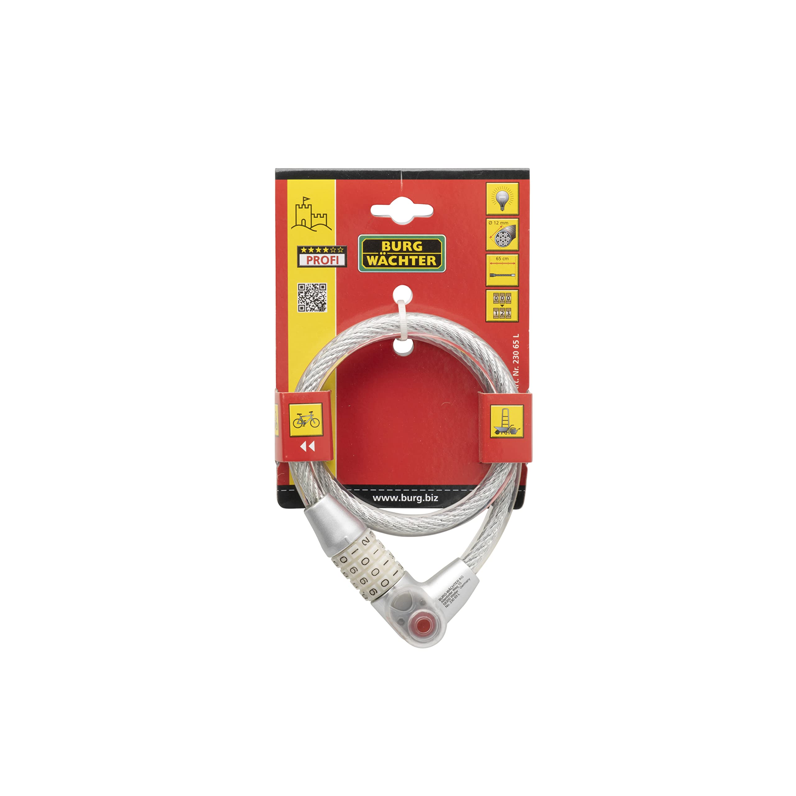 Burg-Wächter Cable Lock with Lighted Combination, 4 digit Combination, Length: 65 cm, 230 65 L,Black