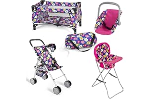 fash n kolor 4 Piece Baby Doll Play Set Flower Design Includes - Foldable Pack N Play, Baby Doll Stroller, Baby Doll High Chair, Infant Seat, Fits Up to 18'' Doll 4 Piece Doll Accessories Set