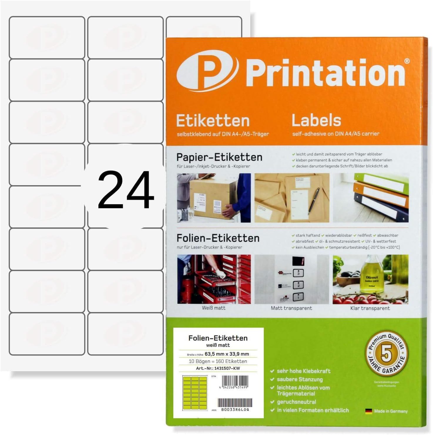 Printation Weatherproof White Labels, 240 pcs, 63.5 x 33.9 mm, Polyester, Adhesive, Outdoor Printing