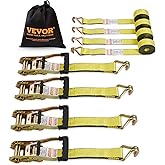 VEVOR Ratchet Tie Down Straps (4PK), 5000lbs Breaking Strength 2''×15' Heavy Duty Tie Down Straps with J Hook & Padded Handles for Moving Motorcycle, Trailer & Trucks(Yellow)