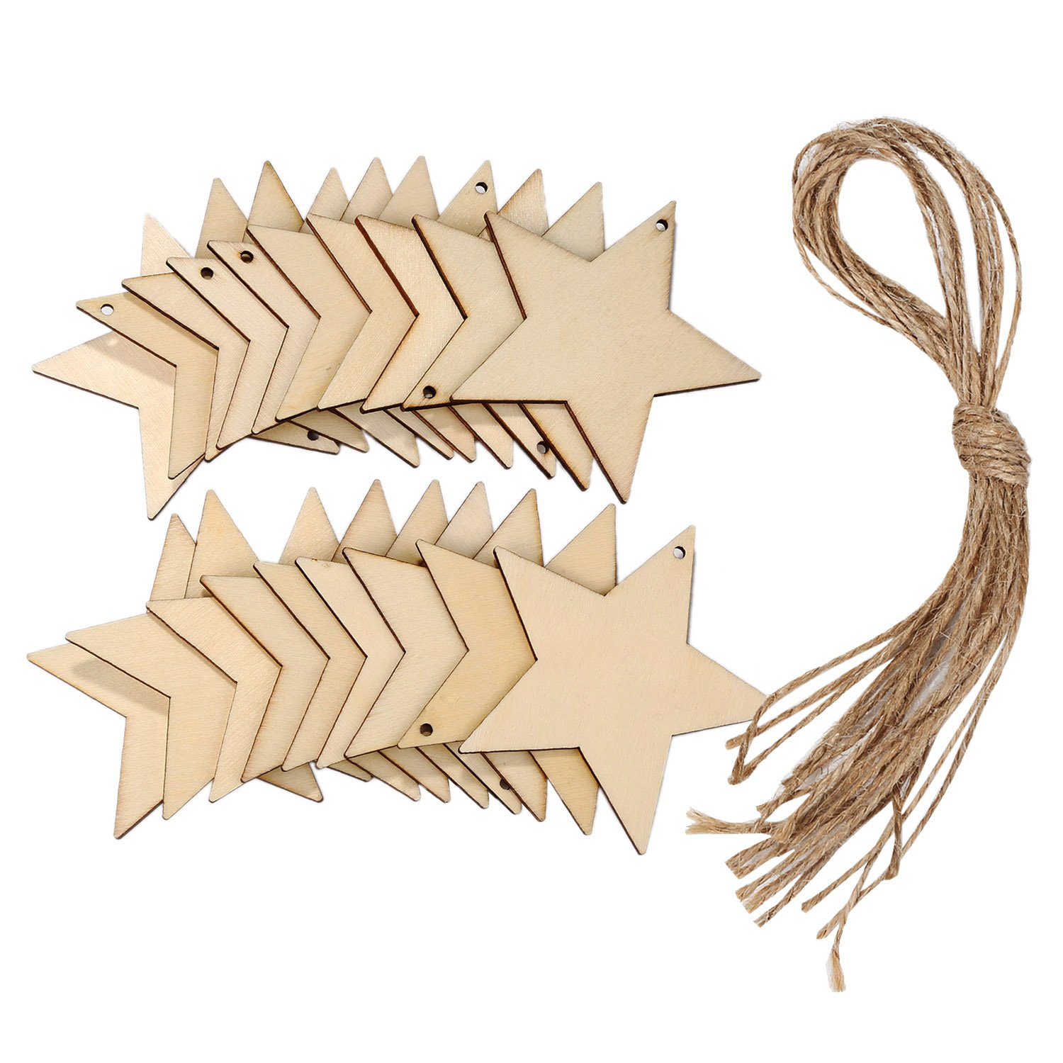 60 Pieces Natural Wooden Star Cutouts Shape Wooden Star Embellishments and 60 Pieces Natural Twine for Christmas Home Party Decoration