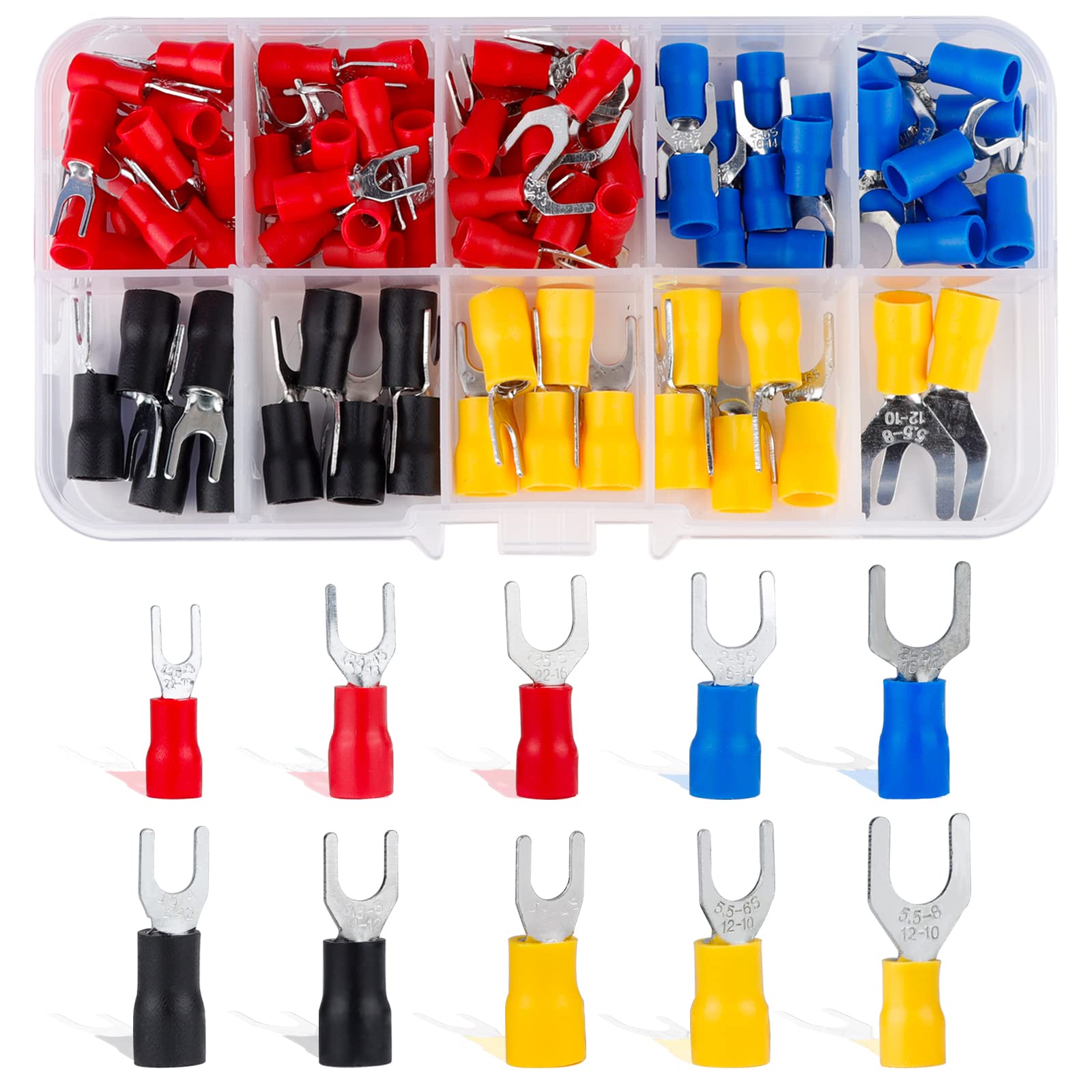Roosea Fork Lugs 102 Pieces Electrical Terminals for Car, 0.5-6 mm² PVC Insulated Crimp Lug Electrical Connector