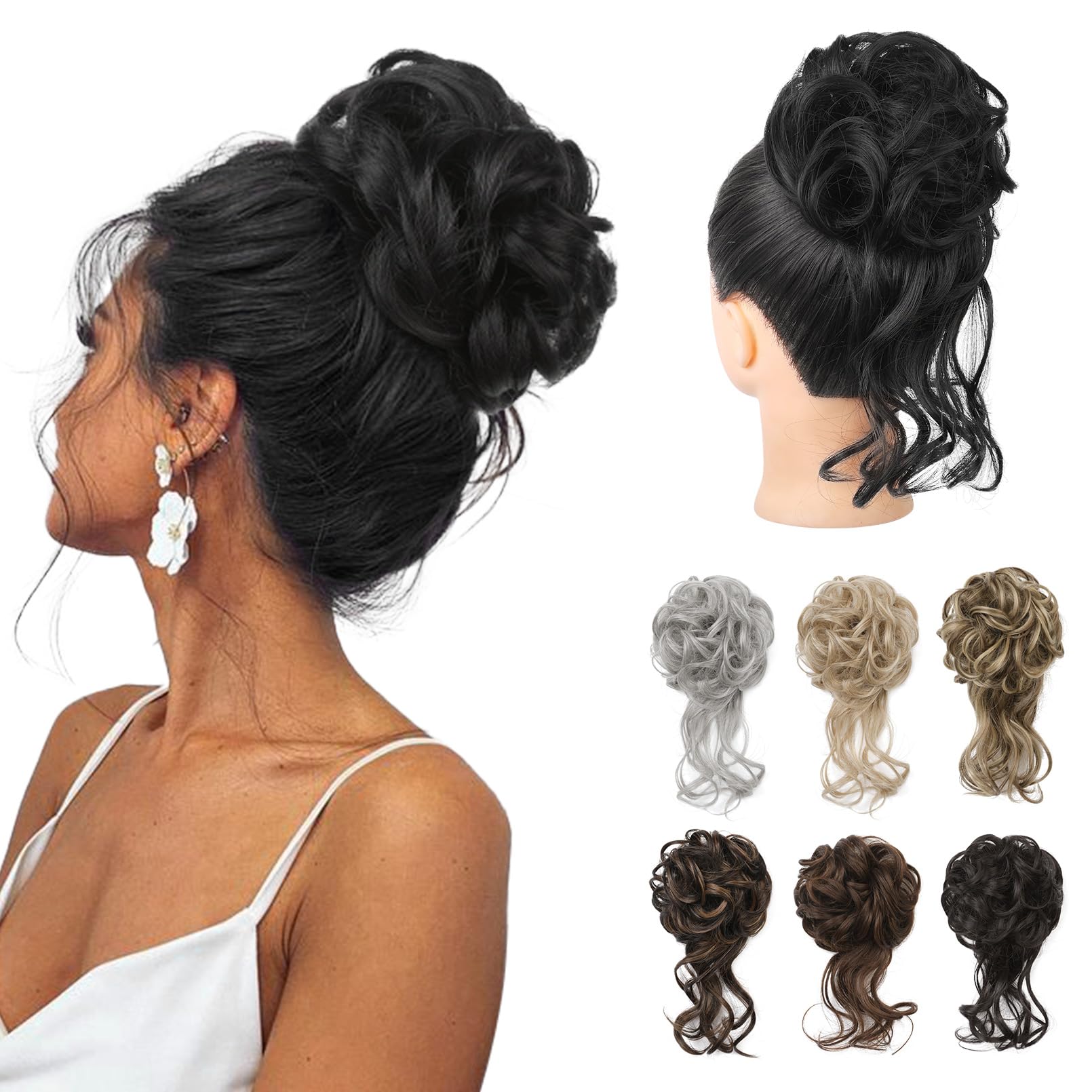 REECHO Messy Bun Hair Piece, Tousled Updo Elastic Hair Bun Hair Piece for Women Synthetic Messy Hair Bun Donut Accessories Scrunchies - Black