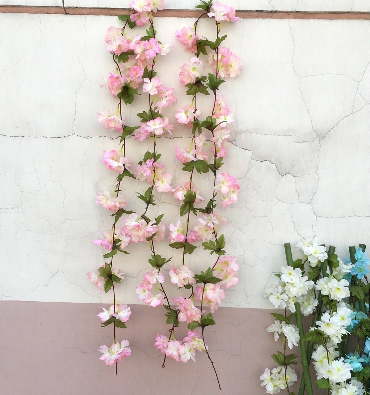 Cadever 89" Artificial Cherry Blossom Hanging Vine Silk Flowers Garland Fake Plants Leaf For Home Wedding Decor, 2 Strands of Pack (light pink)