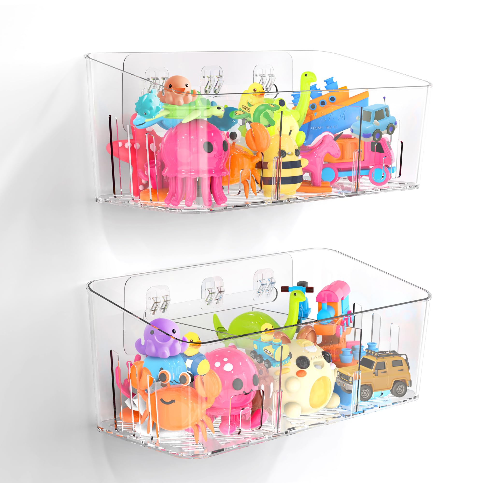 Lysam Bath Toy Storage 2 Packs, Large Bath Toy Holder with 3 Compartment, Quick Dry Bathtub Toy Organizer, Bath Tub Toy Net, Shower Toy Basket & Bin, Bathroom Accessories for Baby,Toddler,Kids(Clear)
