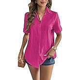 Zeagoo Women Linen Button Down Shirt Rolled Cuffed Short Sleeve Blouse Ladies Summer Casual V Neck Beach Cotton Tops