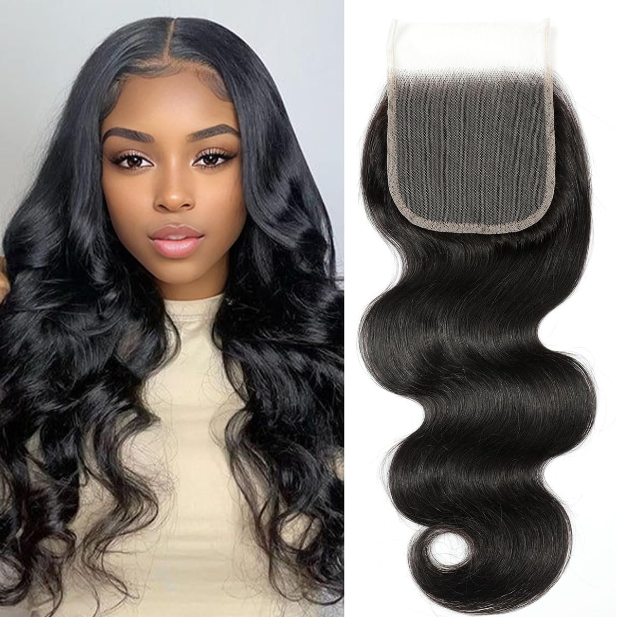 4x4 Transparent Lace Closure Only Body Wave Hair Invisible Lace Closure 12A Brazilian Virgin Remy 100% Human Hair Frontal Pre Plucked with BabyHair Natural Black 18 Inch — image 1