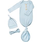 COOZYNANA Newborn Knotted Gown Set, Soft Breathable Baby Sleep Gown with Hat & Headband for Boys Girls