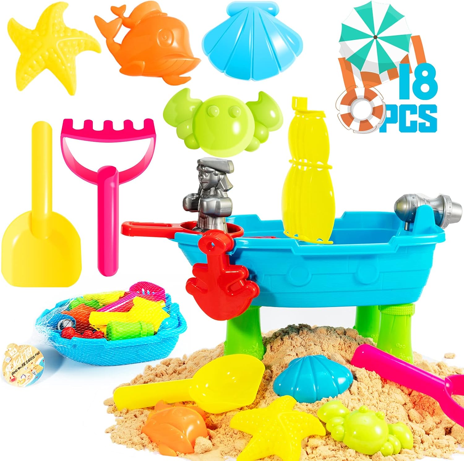 KKEATOY 18Pcs Beach Toys for Kids, Baby Play Water & Sand Table for Toddlers 1 2 3 + Years Old Outside/Outdoor Activity Sand Castle Building Kit for Boys Girls,Children Birthday