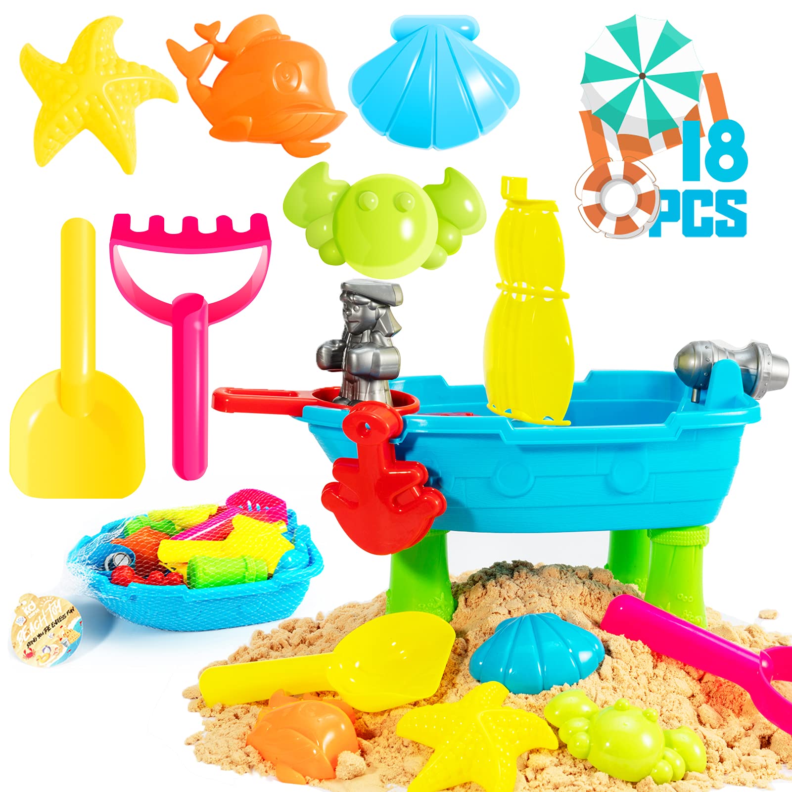 KKEATOY 18Pcs Beach Toys for Kids, Baby Play Water & Sand Table for Toddlers 1 2 3 + Years Old Outside/Outdoor Activity Sand Castle Building Kit for Boys Girls,Children Birthday