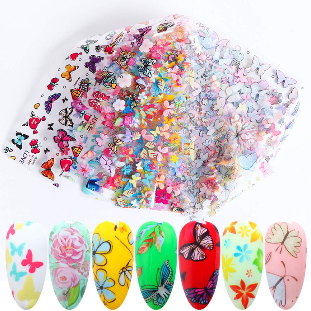 Kalolary 10 Sheets Butterfly Nail Art Foil Transfer Stickers Decals Flower Nail Foil Adhesive Stickers Starry Sky Manicure Transfer Tips Nail Art DIY Decoration Accessories Kit for Women: Beauty