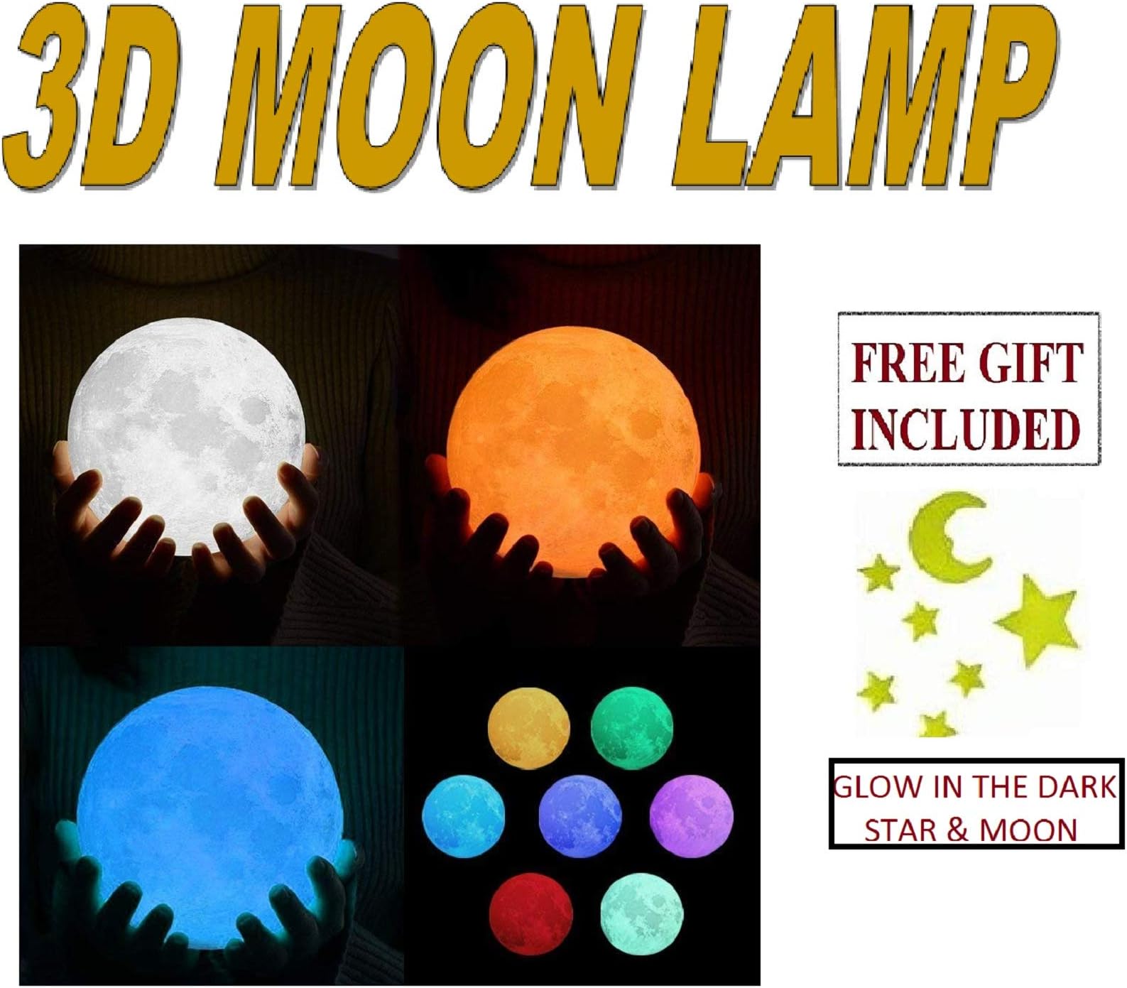 TASHKURST™ 3d LED Moon Light Lamp with Touch Sensor, Brightness 3000 K, Lunar Warm Light For Home Decoration USB Rechargeable Night Lamp (9 Colors 15 cm)