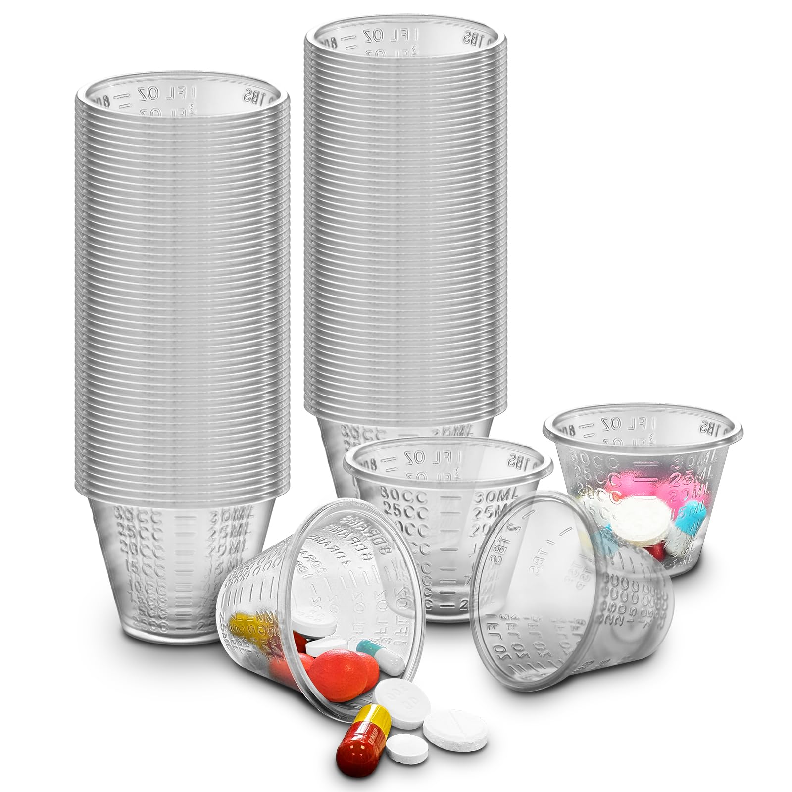 RE-GEN 30ml Clear Plastic Reusable Medicine Kitchen Graduated Measuring Pot Containers, 100 Cups Per Sleeve - 1 Sleeve (100 Cups)