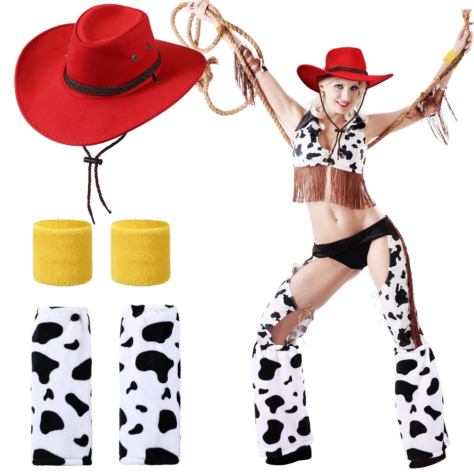 Photo 1 of **MISSING YELLOW ARMBANDS** JenPen 3 Pieces Halloween Cowgirl Costume Set Cosplay Costume Accessory with Cowgirl Hat Socks and Wrist Band for Women Halloween Birthday Party