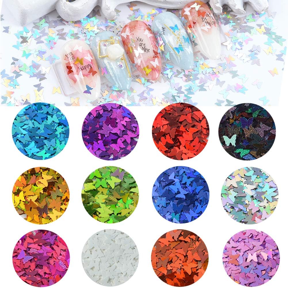 QIMYAR Nail Art Splarkly Laser Butterfly Sequin Acrylic Paillettes Holographic Glitter Fakes Tips 12 Colors