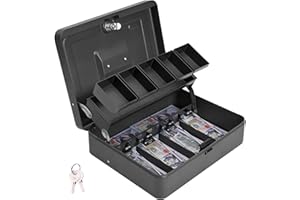 ZYNKORA Cash Box Metal Money Box with Tray & Key Lock,Tiered Locking Cash Boxes,Durable Lock Safe Box with Key,4 Bill 5 Coin Slots,Cantilever Design, Large,Black Grey
