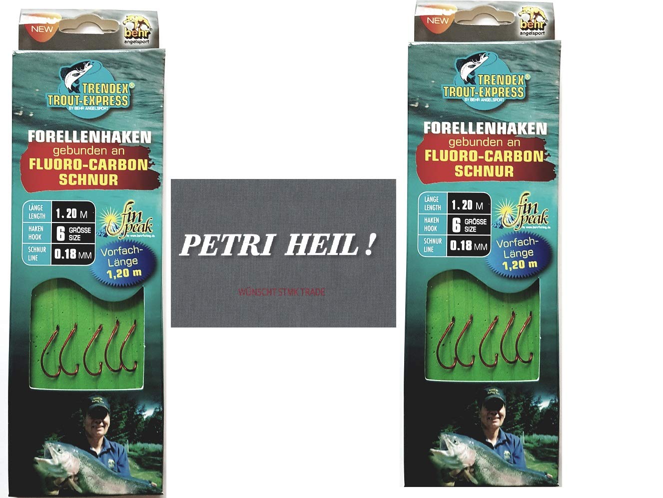 .Behr Set: 2 packs of tied trout hooks (10 pieces) to fluoro-carbon cord, hook size 6 + Petri Heill! sticker.