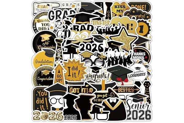 50 PCS 2026 Graduation Stickers, Waterproof Vinyl Black & Gold Foil Graduation Decals for Laptop, Luggage, Skateboard, Phone, Fridge, Trendy Stickers for Teens, Adults, Graduates