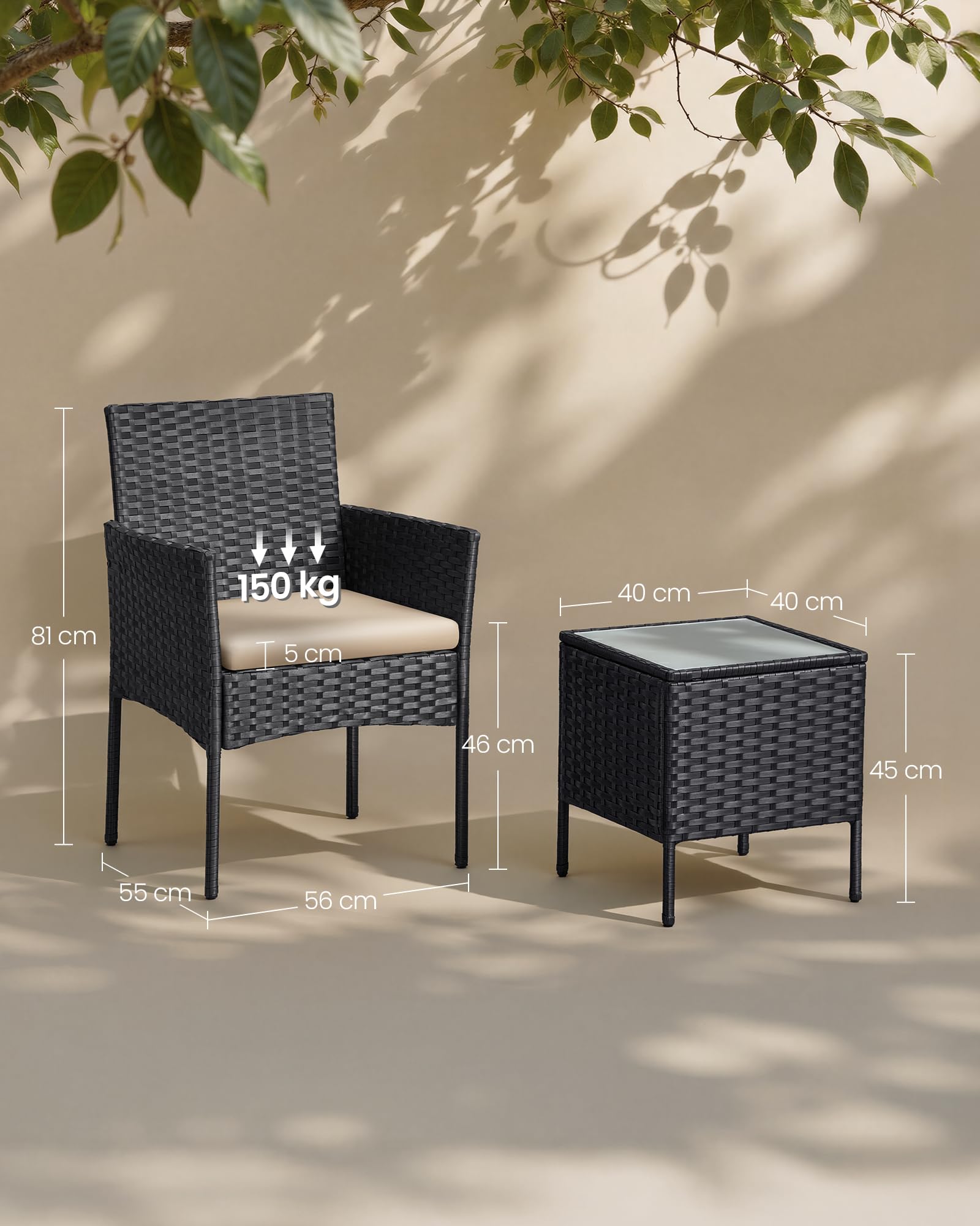 SONGMICS Balkonmöbel, Gartenmöbel-Set, aus PE-Polyrattan, Lounge-Set, Tisch und 2 Stühle, Terrassenmöbel, Outdoor, für Terrasse, Balkon, Garten, schwarz-Taupe GGF003B01 7