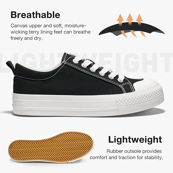 HEEZ WOMENS PLATFORM FASHION CANVAS SNEAKERS LOW TOP LACE UP TENNIS SHOES BREATHABLE LIGHTWEIGHT NON SLIP SHOES CASUAL RUNNING WALKING SHOES BLACK AND WHITE, 7