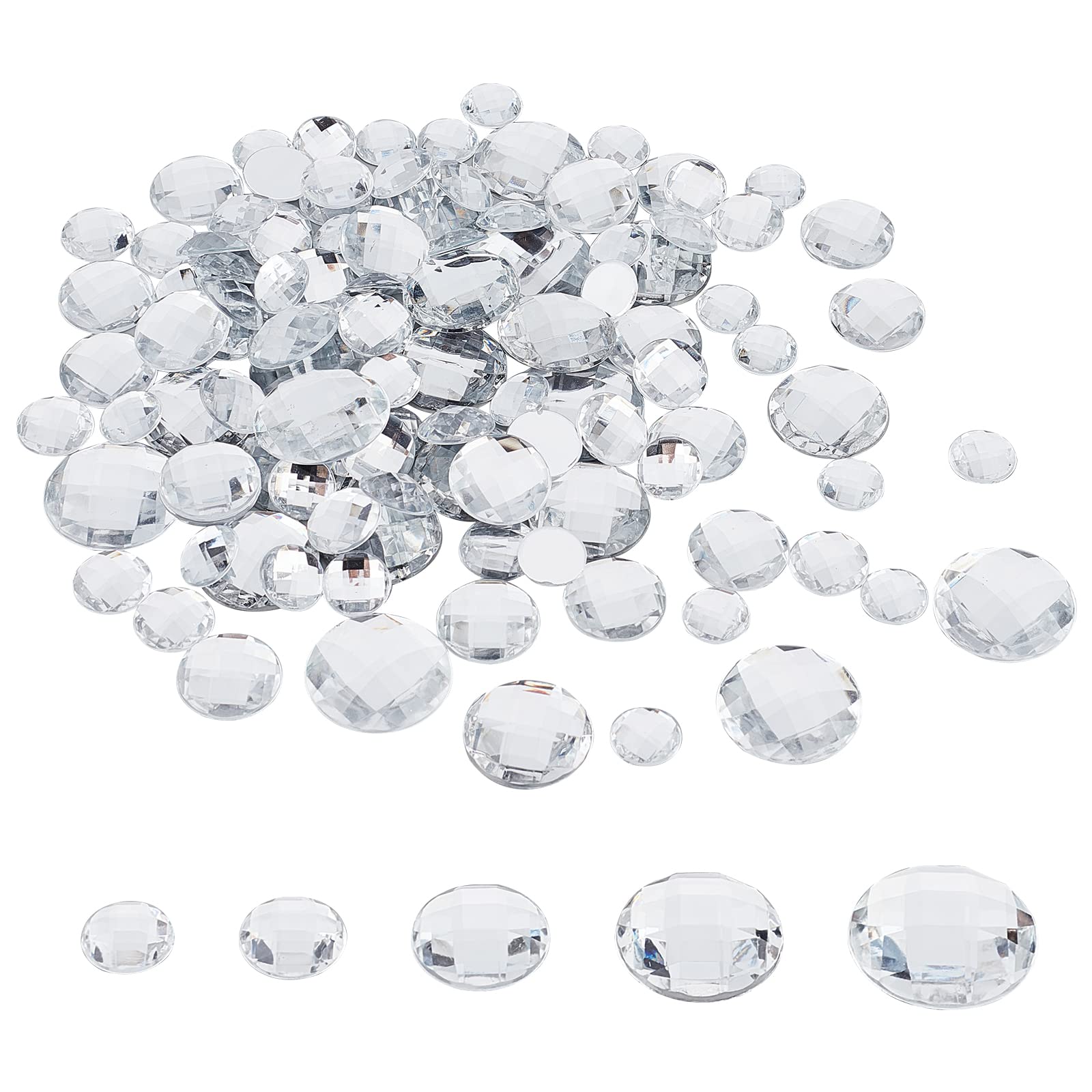 FINGERINSPIRE 170Pcs 5 Sizes Flat Back Round Acrylic Rhinestone Acrylic Round Gems With Container Clear Cosplay Costume Gems Acrylic Jewels for Costume Making Cosplay Jewels Invitations Crafts