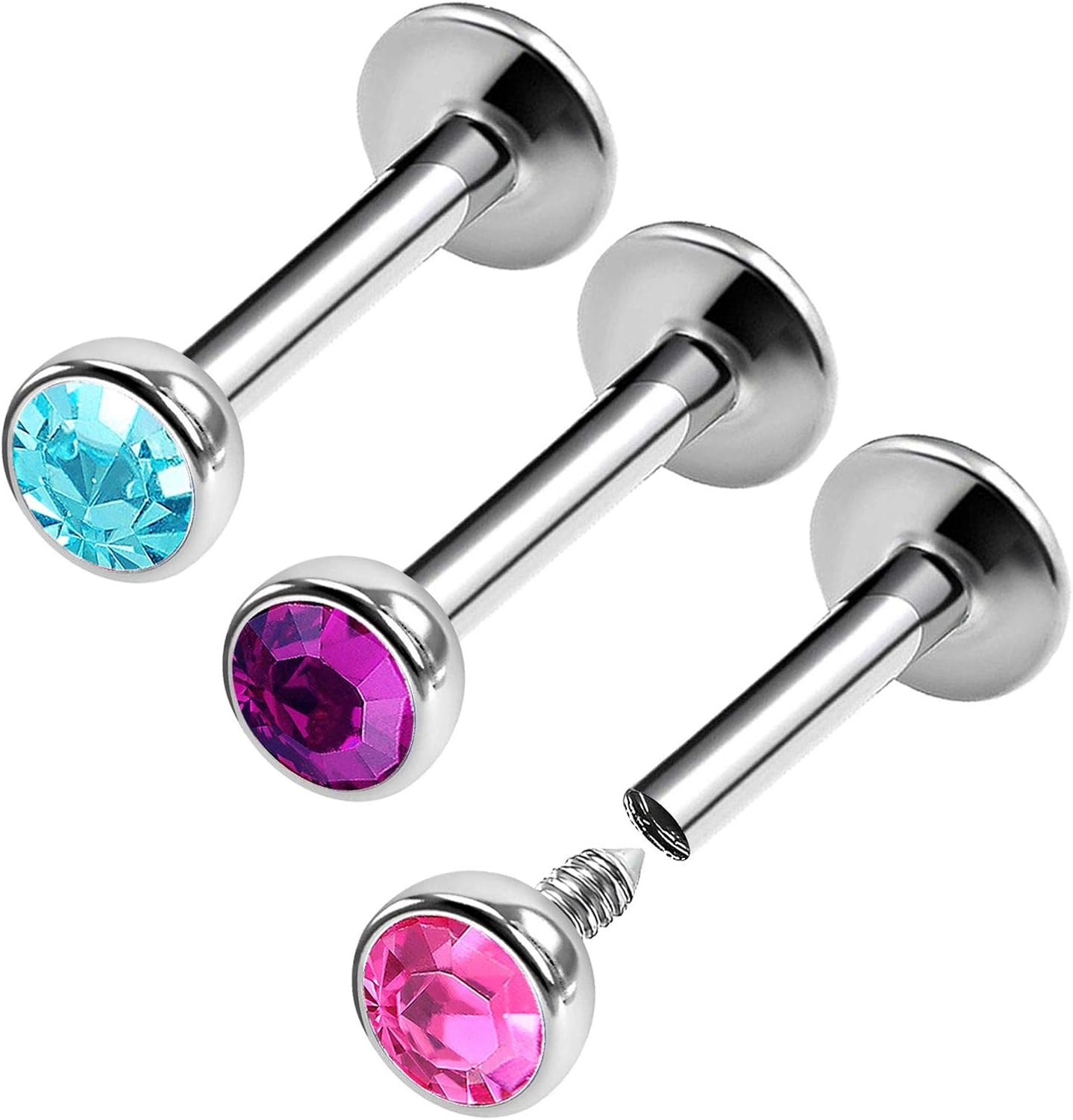 3PCS Steel Internally Threaded Lip Stud 16g 1/4 6mm 3mm Aquamarine Crystal Ball Labret Earring Medusa Piercing Jewellery 0472