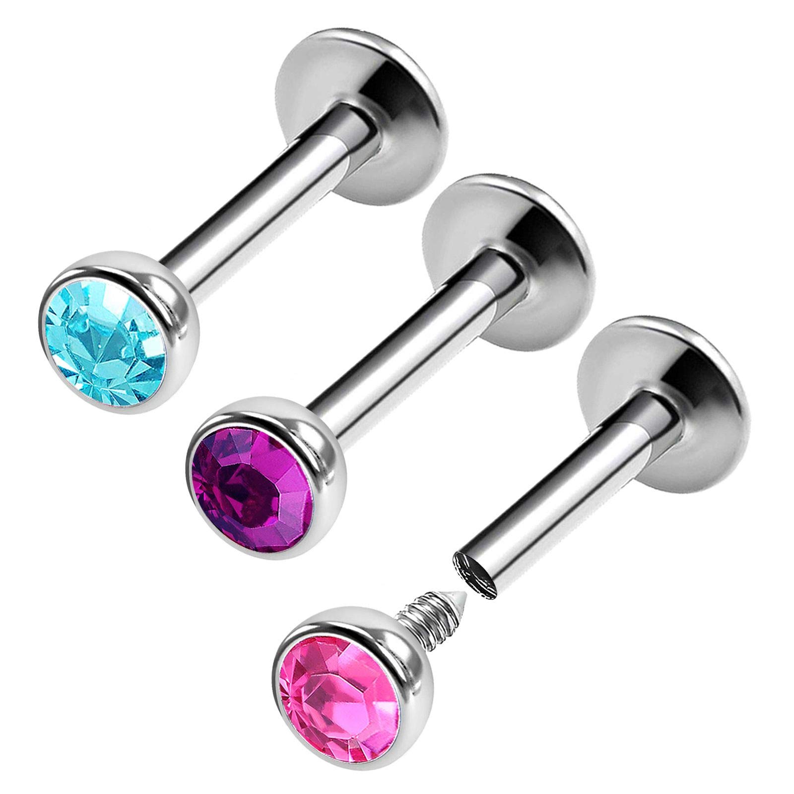 3PCS Steel Internally Threaded Lip Stud 16g 1/4 6mm 3mm Aquamarine Crystal Ball Labret Earring Medusa Piercing Jewellery 0472
