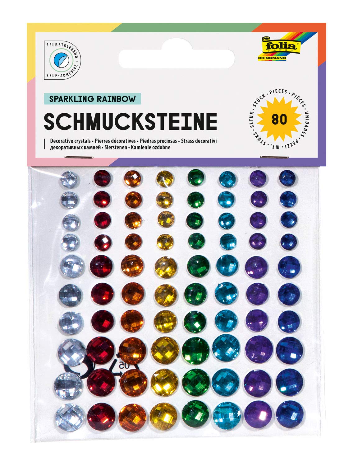 folia 12306 Decorative Gemstones Sparkling Rainbow Self-Adhesive 80 Pieces with Diamond Cut Ideal for Decorating and Decorating Your Crafts