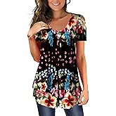 BeadChica Women's Tunic Tops To Wear With Leggings Short Sleeve Shirts Botton Up Casual Ruched Blouses Clothing Floral-M