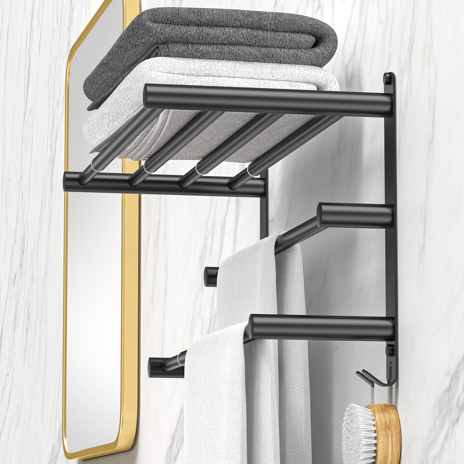 Photo 1 of CAXIMSY Black Adjustable Towel Bar for Bathroom Wall Mount17-30.7inch Adhesive Shower Towel Rack Stainless Steel Bath Towel Holders for Toilet Kitchen Double Towel Hanger (Black 3-Layer Towel Rack)