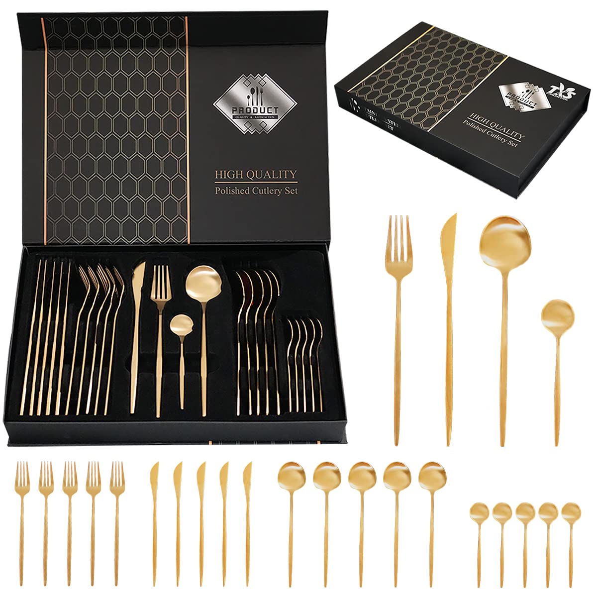 Photo 1 of 24-Piece Gold Silverware Set Gold Flatware Set for 6, Gold Spoons and Forks Set, Stainless Steel Gold Cutlery Set for Home Kitchen Restaurant Wedding, Mirror Polished Utensils Set, Dishwasher Safe