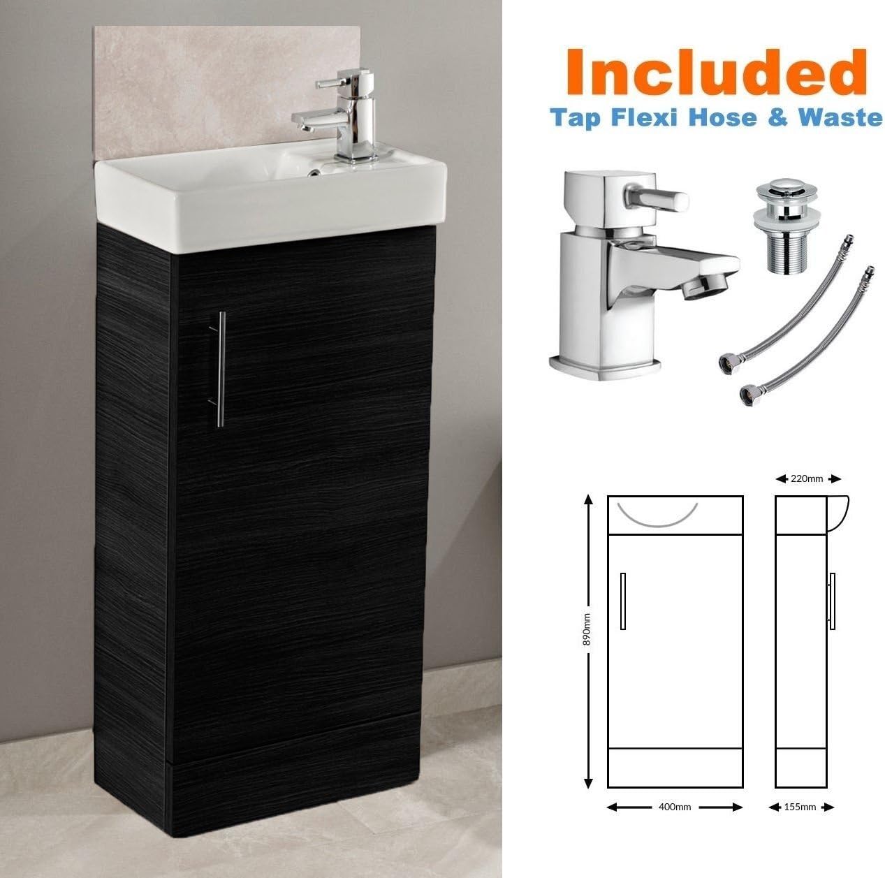 Drop Bathroom Vanity Unit Basin Sink Minimalist Compact Slimline 400mm Small Cloakroom With Tap Black Aash Amazoncouk Home Kitchen