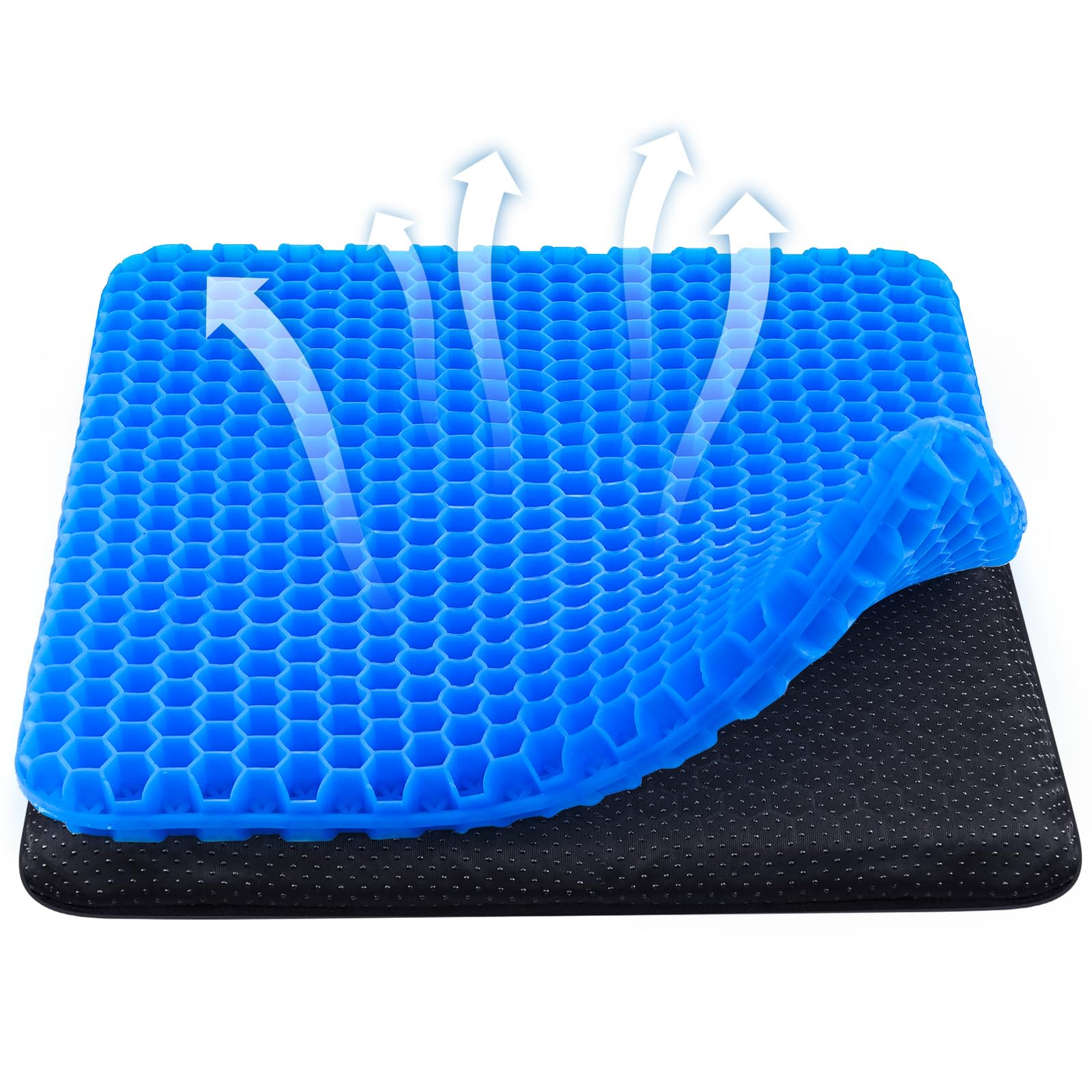 wiksite Gel Seat Cushion, Honeycomb Design Double Thick Gel Cushion with Cloth Cover Ergonomic & Cool Seat Cushion for Home Office Chair Car Wheelchair Sitting Seat Cushion, Blue - XL