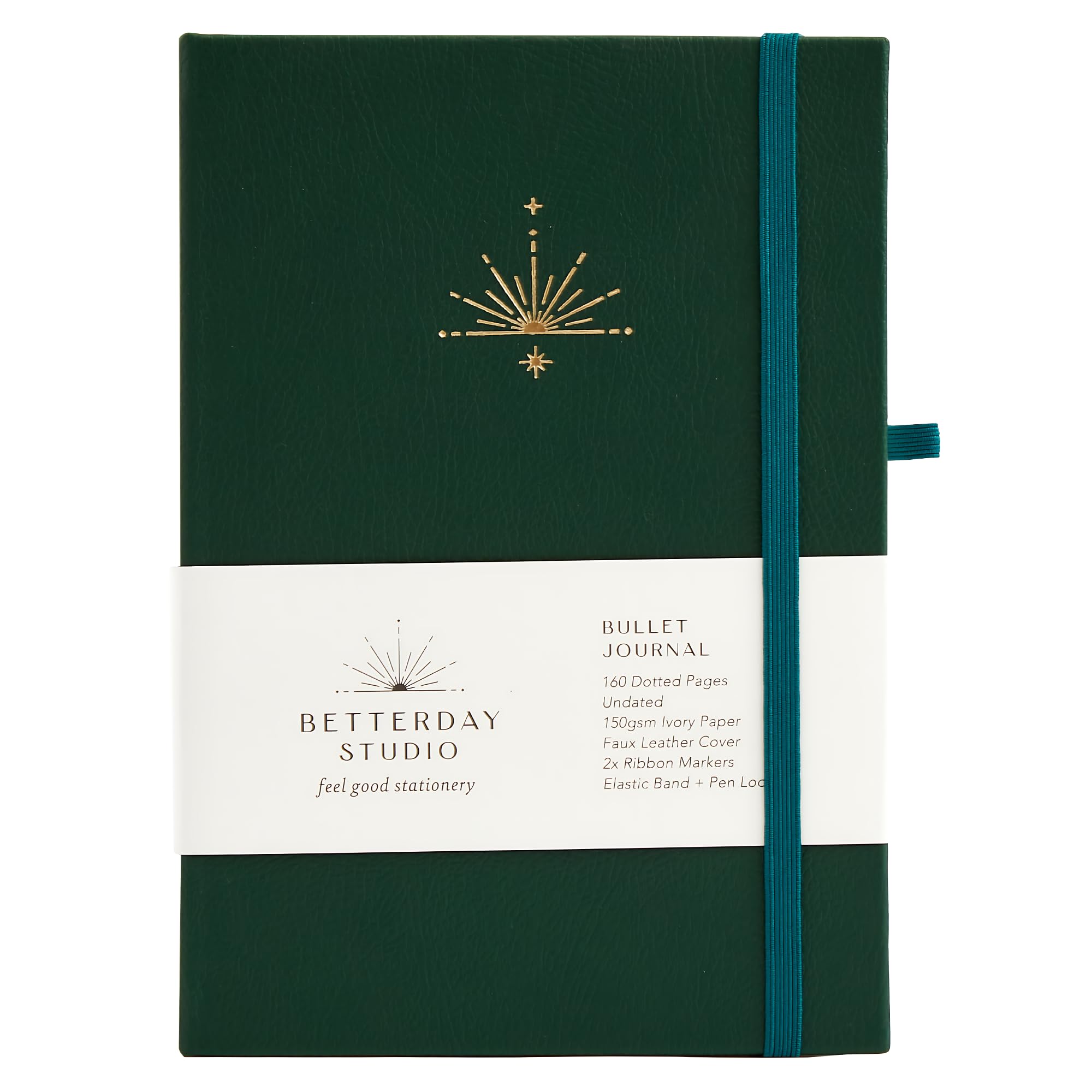 Betterday Studio - Undated Bullet Journal - 160 Dotted Pages with Faux Leather Cover, 2x Ribbon Markers for Bookmarking, Journal with Pen Loop, Journal Notebook for Scribbling - Pine Green
