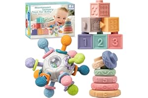 JYUSMILE Baby Sensory Teething Toys Set, Montessori Baby Toys 6-12 Months, Incl Newborn Rattle Teether & Baby Blocks & Soft Stacking Rings, Ideal Babies Boy Girl Gifts, Infant Toys 0-3-6-9-12-18 Month