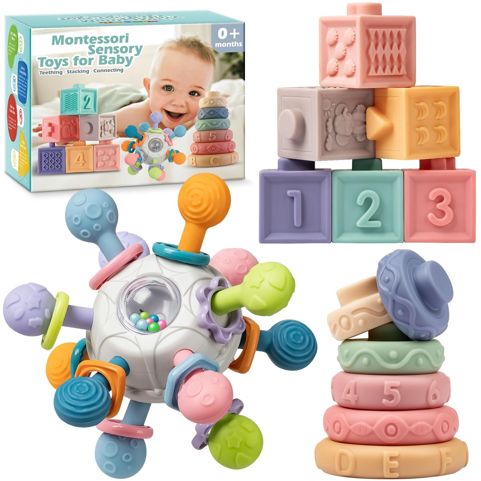 Photo 1 of Baby Sensory Teething Toys Set, Montessori Baby Toys 6-12 Months, Incl Newborn Rattle Teether & Baby Blocks & Soft Stacking Rings, Ideal Babies Boy Girl Gifts, Infant Toys 0-3-6-9-12-18 Month
