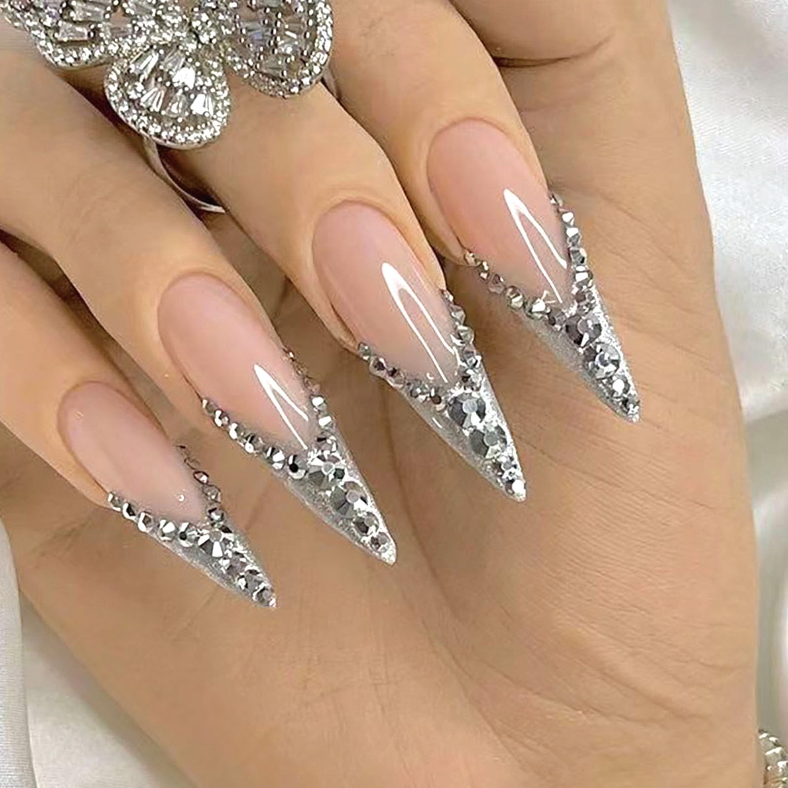 Photo 1 of French Tip Press on Nails Long Almond Fake Nails with Rhinestones Designs Silver Glitter Sequins Glue on Nails Extra Long Nails Nude Full Cover Glossy Artificial Stick on Nails for Women 24 Pcs