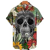 BIRW Halloween Shirt Men Fun Pumpkins Skull Short Sleeve Button Down Hawaiian Holiday Shirts