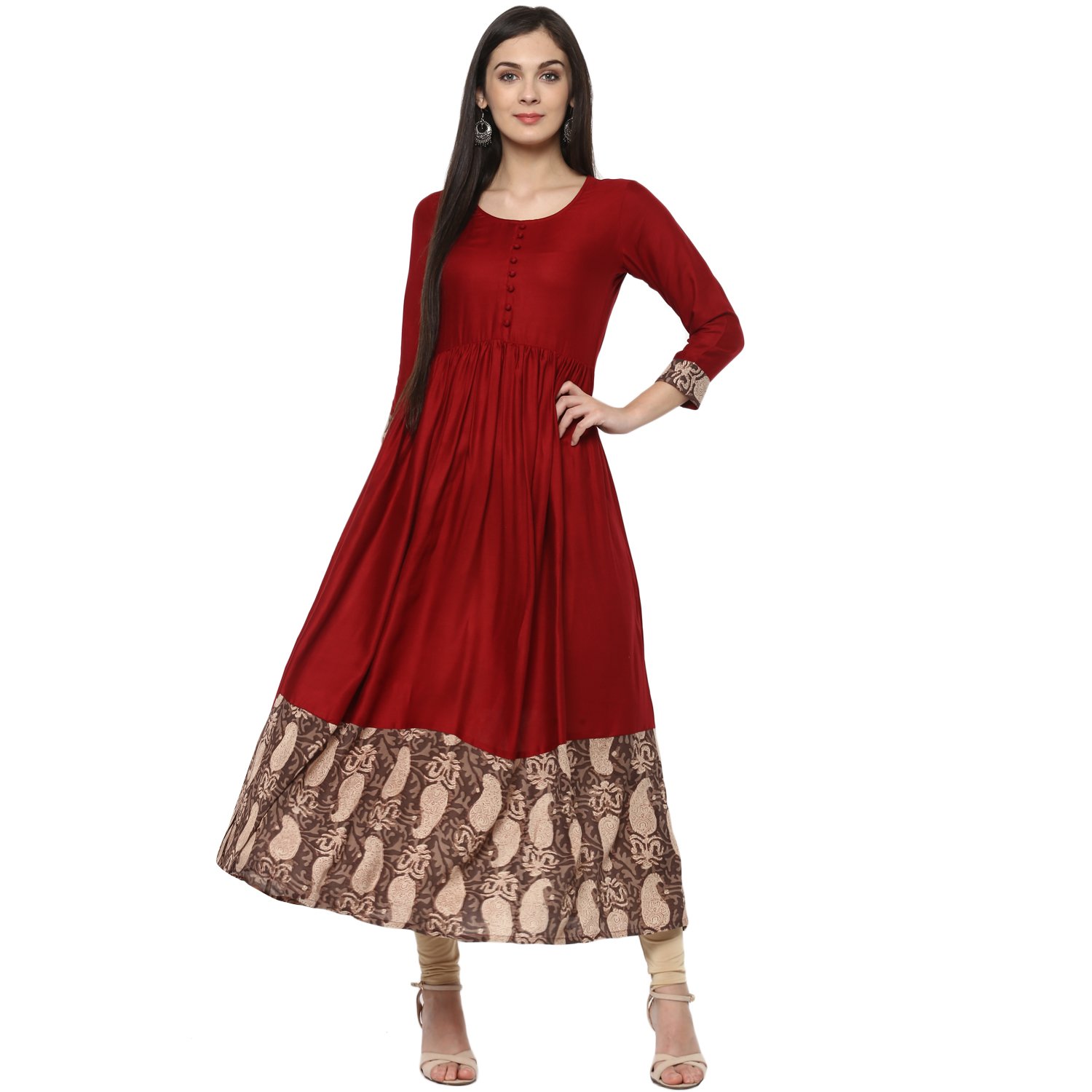 ives anarkali maroon viscose floral print printed casual kurti for women