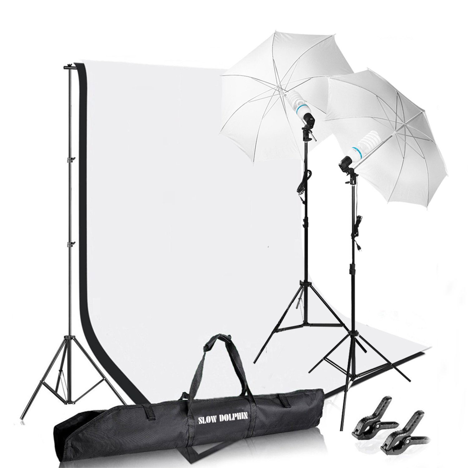 Photography Photo Video Studio Background Stand Support Kit with Muslin Backdrop Kits (White Black),1050W 5500K Daylight Umbrella Lighting Kit(10x6.5ft/3x2M)