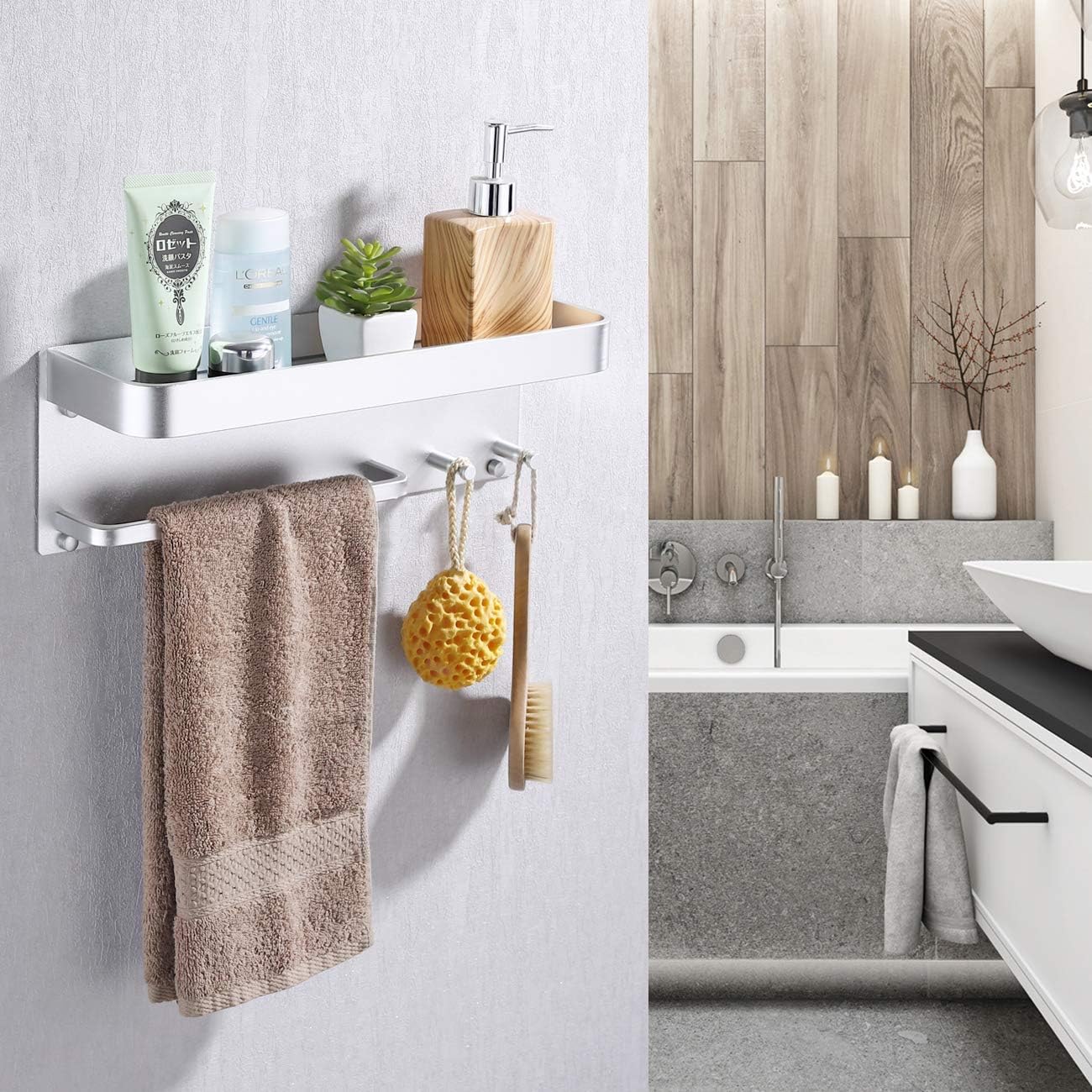 KES Bathroom Shelf with Towel Bar and 2 Hooks Adhesive Shower Storage Aluminum Kitchen Shelf No Drill Wall Mount Anodized Silver, BSC404DG - - 