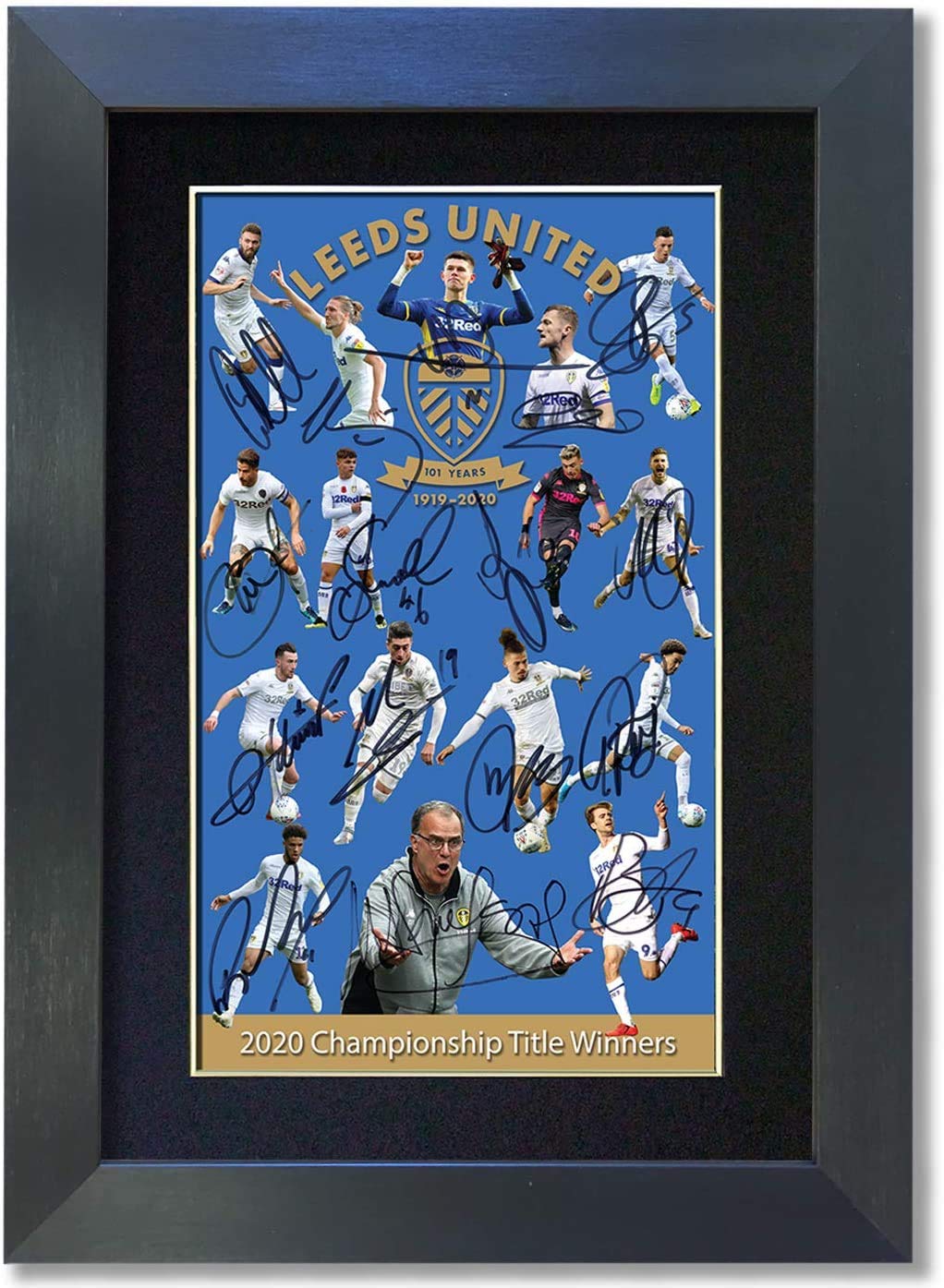 LEEDS UNITED 2020 Championship Winners Signed Reproduction Autograph Mounted Photo Print 852 (Black Frame 297 x 210mm), Living Room