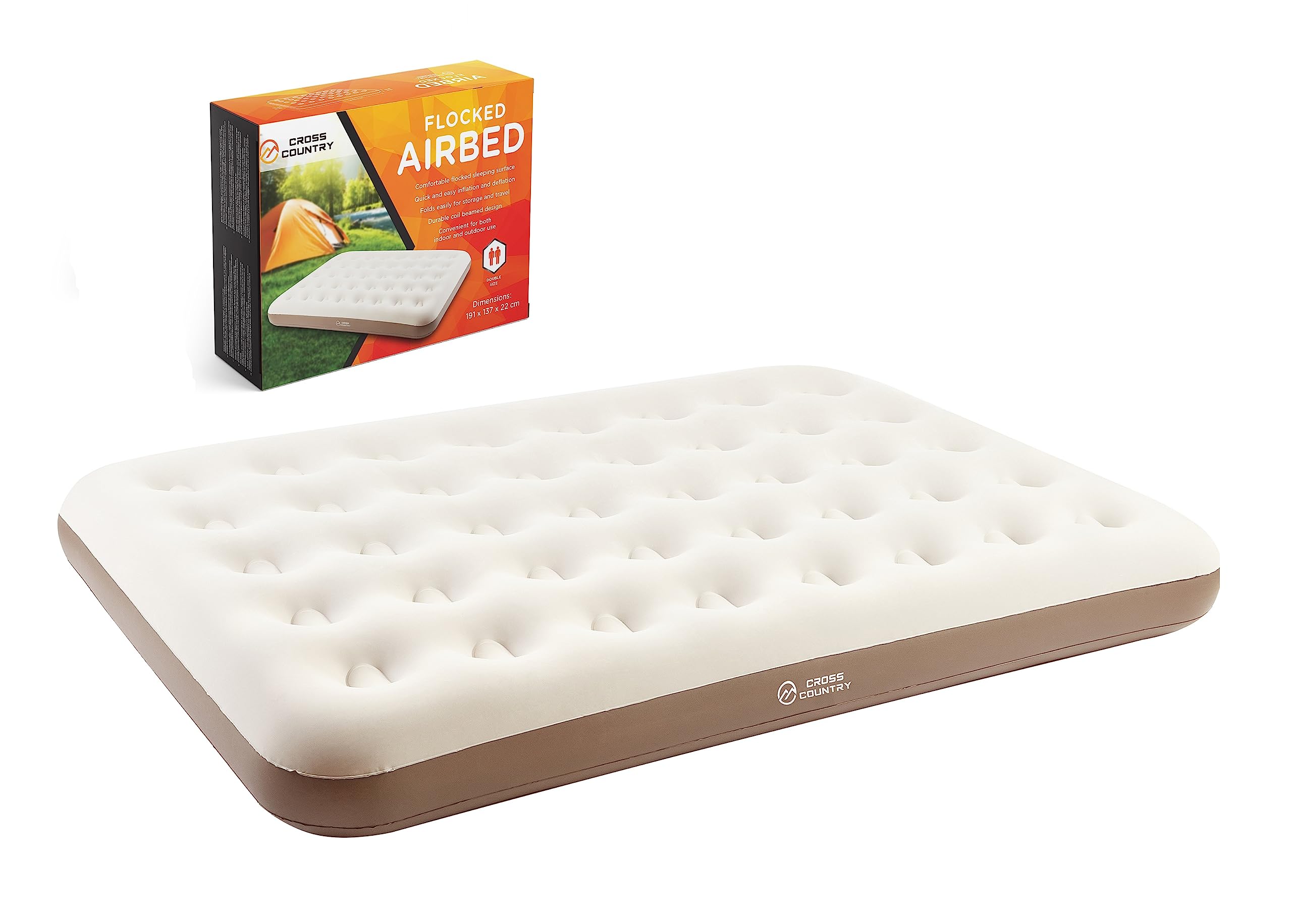 CROSS COUNTRY Double Camping Air Bed – Flocked Inflatable Mattress with Coil Beam Support | Waterproof Blow Up Bed for Camping, Guests, Festivals & Travel | Quick Inflate Portable Airbed
