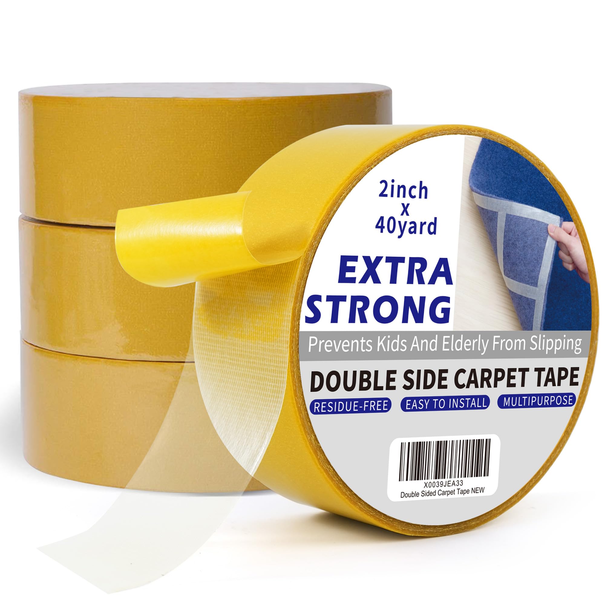 TAPEBEAR Heavy-Duty Double Side Carpet Tape, Removable Carpet Tape for Area Rugs, Multipurpose Gripper Non Slip Tape for Wood Floor and Outdoor Rugs, Residue-Free, 2" x 40yard(50mm x 36m), 4Rolls