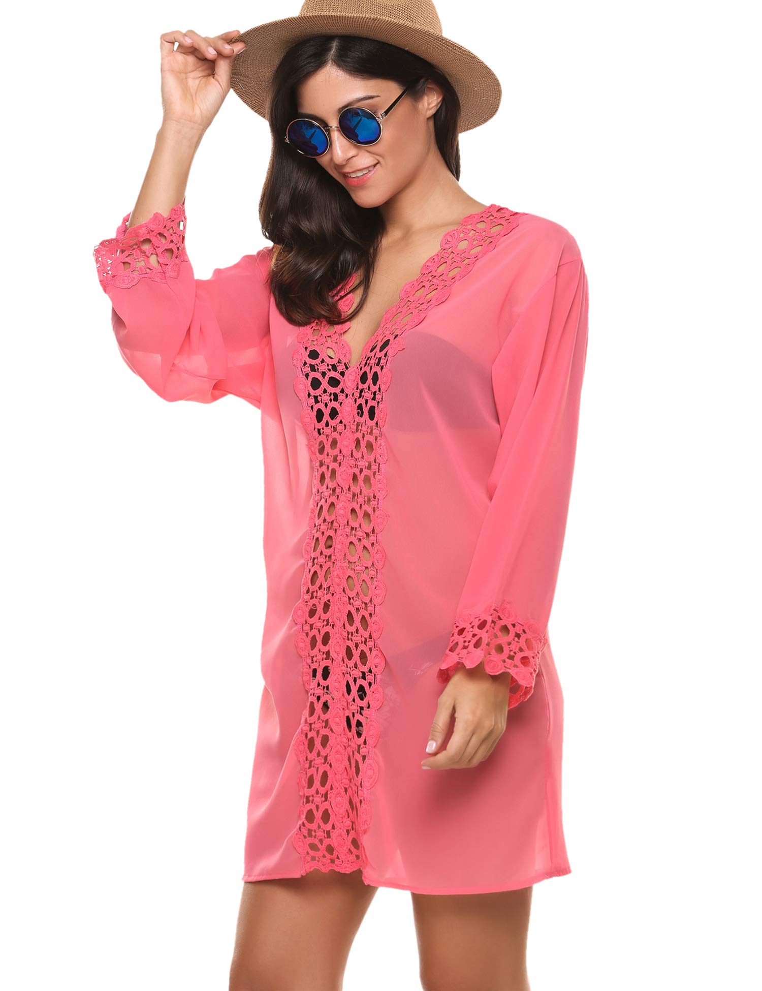 wearella Women\'s Bathing Suits Cover-Ups Chiffon Blouse Beachwear Bikini Swimsuit Pink