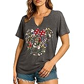 Flafens V Neck T-Shirts for Women - Graphic Short Sleeve Tees Tops Fashion Trendy Soft Casual Summer Outfits Clothes